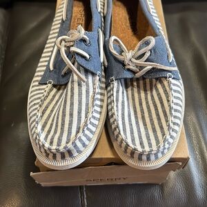 Sperry Blue and White Striped Boat Shoes
